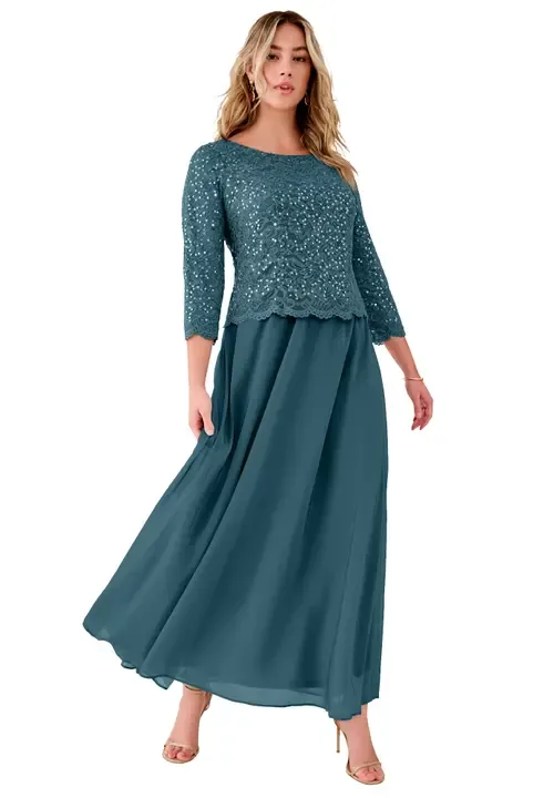 Sequin Lace Three Quarter Sleeve A-Line Gown