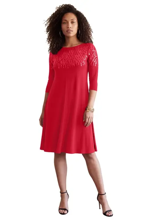 3/4 Sleeve Embellished Boatneck Dress by Roaman's