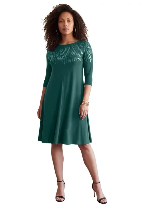3/4 Sleeve Embellished Boatneck Dress