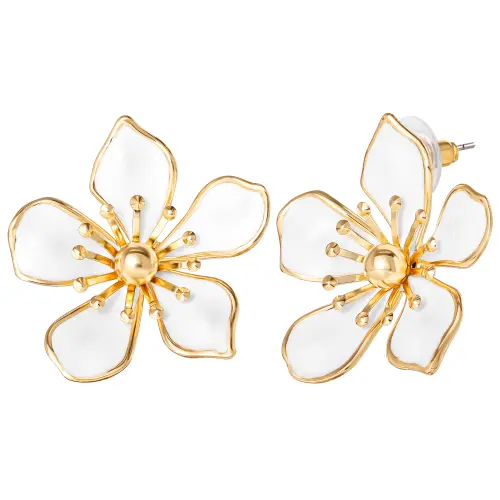 White Enamel Flower Earrings, Gold-Tone Flower Stud Earrings
