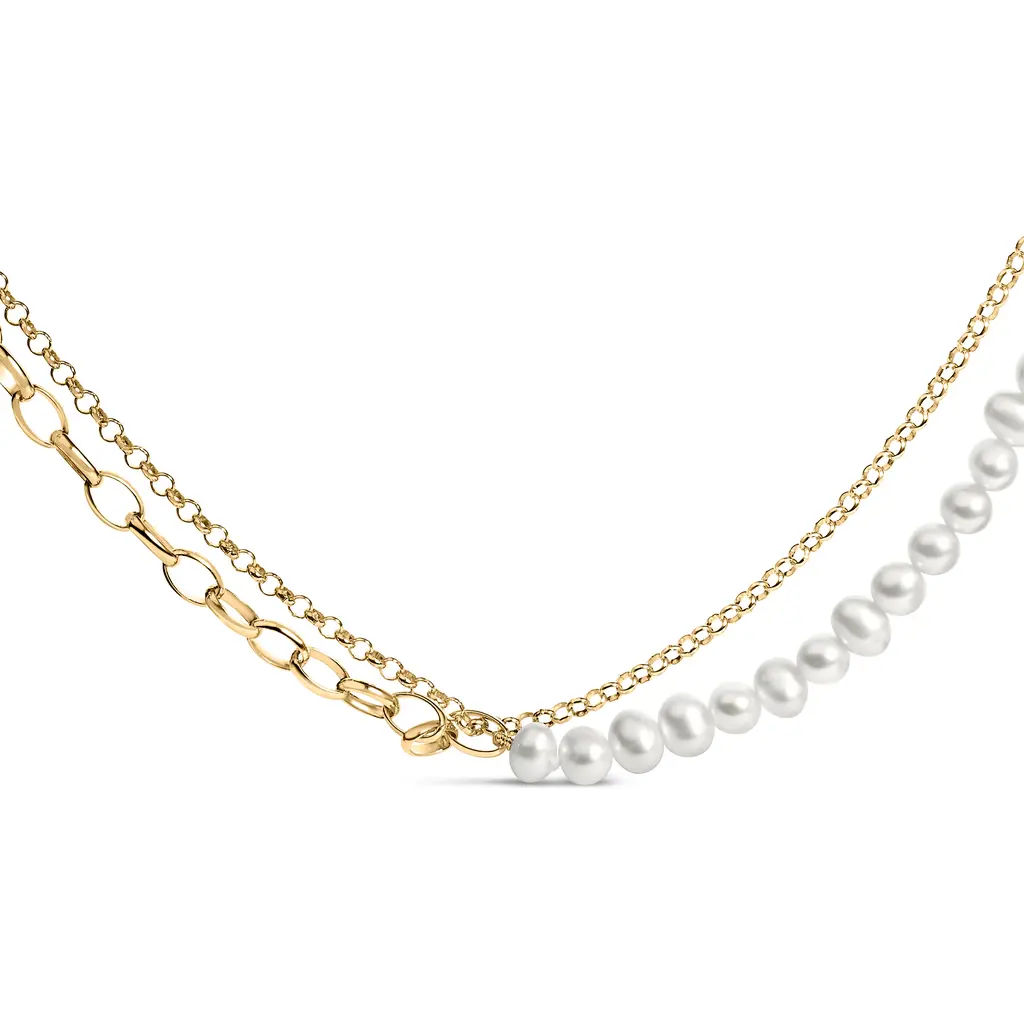 18K Yellow Gold Vermeil Cultured Pearl Strand Necklace with Rolo and Paperclip Chain