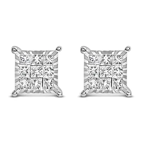 Sterling Silver 1/2 Cttw Princess Diamond Composite Square Stud Earrings