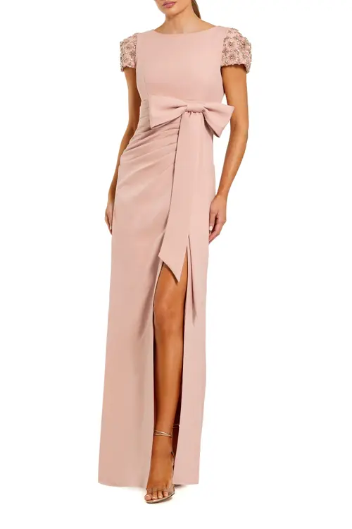 Beaded Cap Sleeve Crepe Gown with Bow and Slit