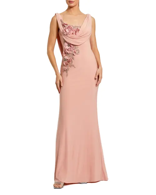 Sleeveless 3D Flower Detailing Cowl Neck Gown