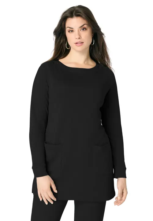 Snap Button Boatneck Soft Knit Tunic in Black at Nordstrom, Size