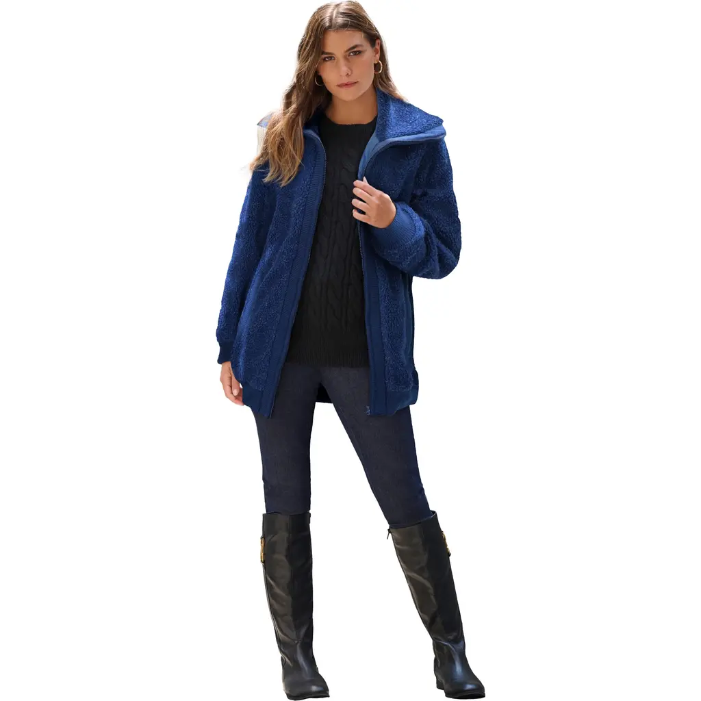 Plus Size High Collar Teddy Fleece Bomber in Evening Blue at Nordstrom, Size by Roaman's