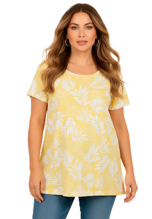 Plus Size Cotton Ultimate Scoopneck Swing Tunic in Lemon Mist Silhouette Palm at Nordstrom, Size by Roaman's