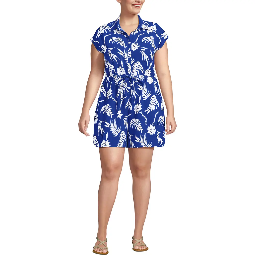 Cap Sleeve Creaseless Button-Down Romper in Vibrant Lapis Tropic Floral at Nordstrom, Size by Lands' End