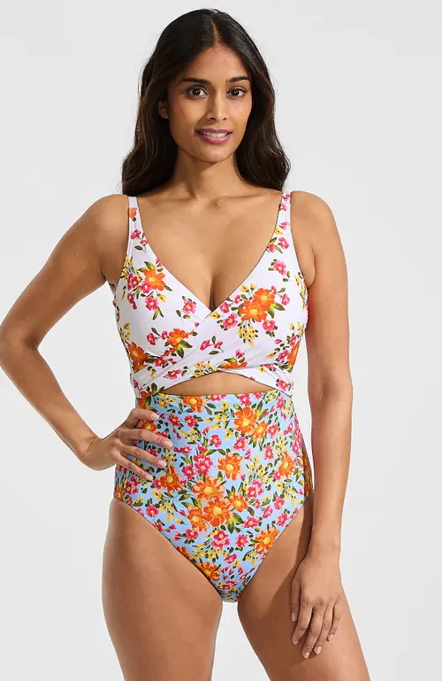Wrap Monokini High Leg One Piece Swimsuit in White/blue Spring Floral at Nordstrom, Size