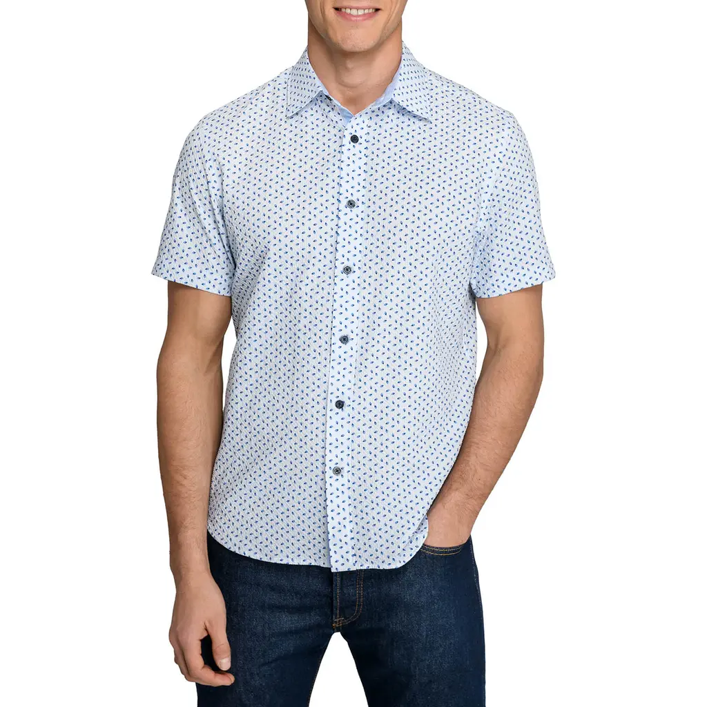 Slim Fit Falling Feathers Seersucker Short Sleeve Shirt in White/blue at Nordstrom, Size by CONSTRUCT