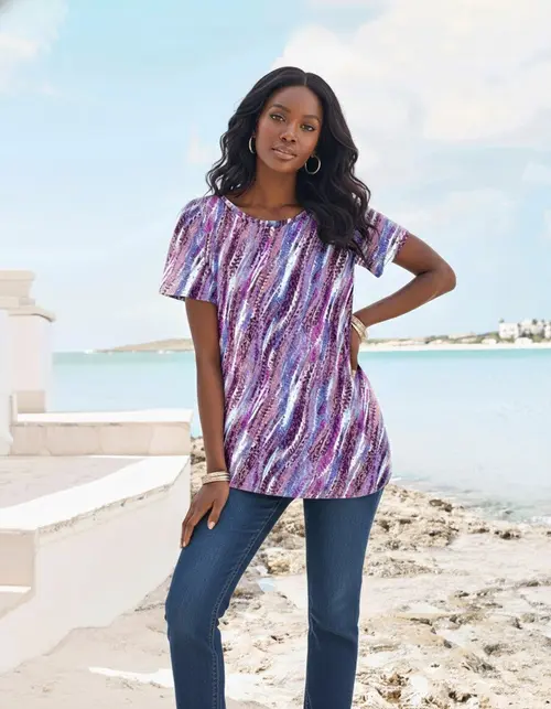 Plus Size Cotton Ultimate Crewneck Tee in Dark Berry Tossed Blossom at Nordstrom, Size by Roaman's