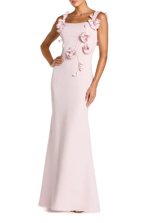 Crepe Sleeveless Column Gown With Floral Detail in Blush at Nordstrom, Size