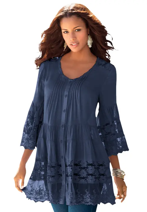 Lace Illusion Blouse in Navy at Nordstrom, Size