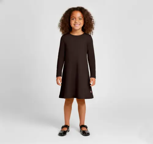 Girl's Soft 100% Cotton Baby Rib Long Sleeve Dress in Chocolate at Nordstrom by CITY THREADS
