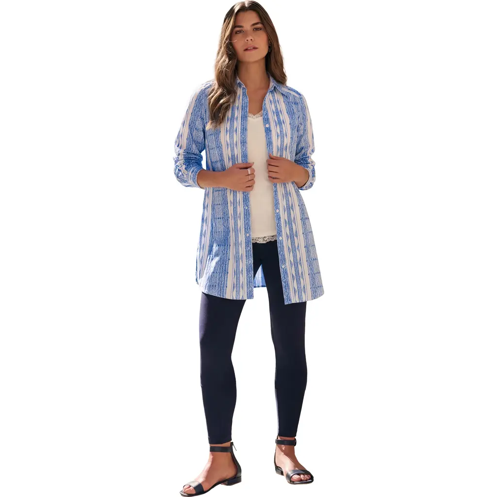 Kate Long-Sleeve Crisp Cotton-Blend Button-Front Tunic in Dark Sapphire at Nordstrom, Size