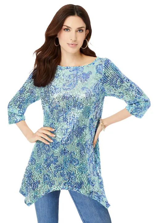 Handkerchief Hem Sequin Tunic in Turq Paisley Sequin at Nordstrom, Size