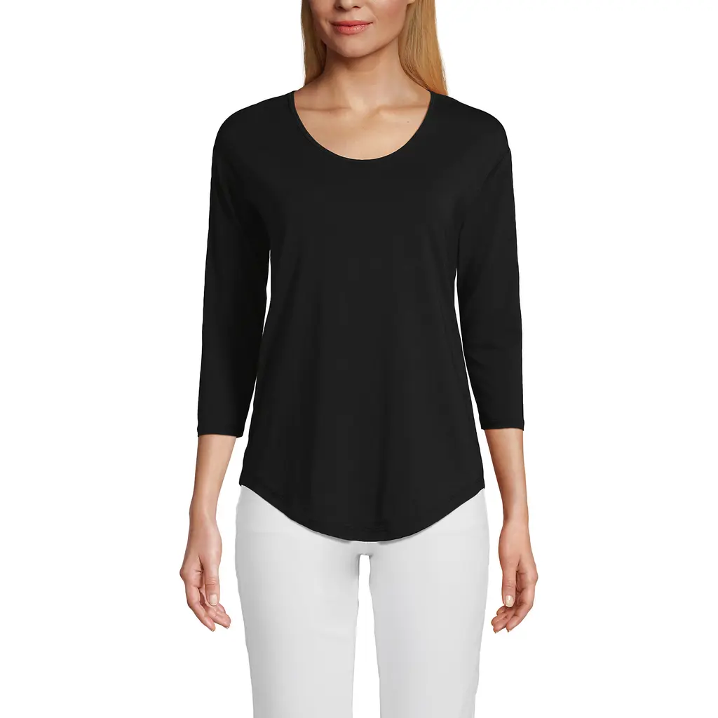3/4 Sleeve Lightweight Jersey U-Neck Tunic in Black at Nordstrom, Size by Lands' End