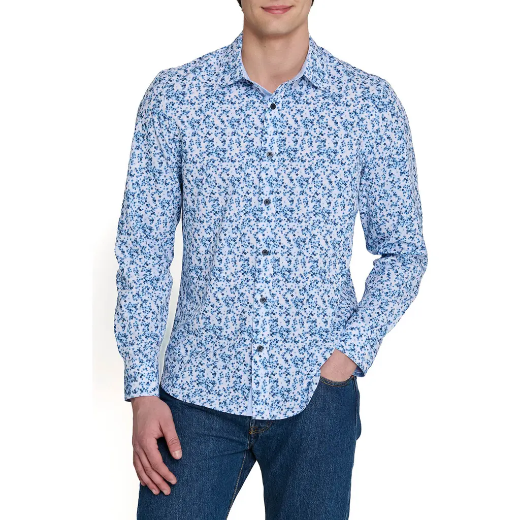 Slim Fit Floral Cluster Performance Long Sleeve Shirt in White/blue at Nordstrom, Size