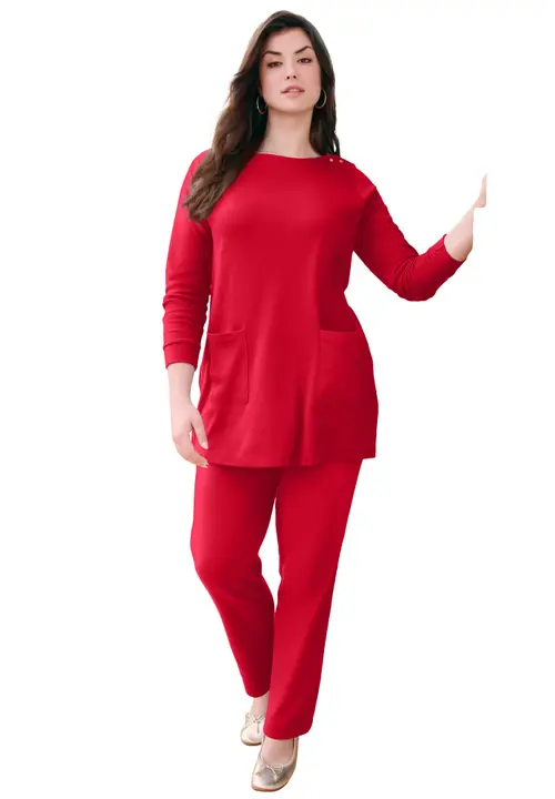Snap Button Boatneck Soft Knit Tunic in Vivid Red at Nordstrom, Size