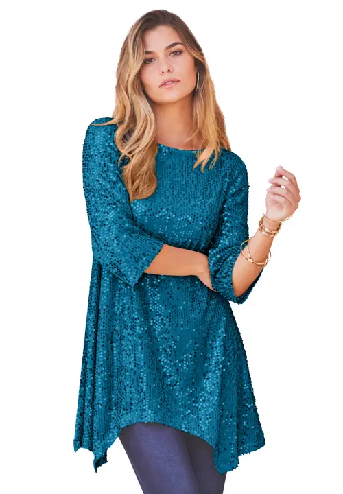 Handkerchief Hem Sequin Tunic in Peacock Teal at Nordstrom, Size