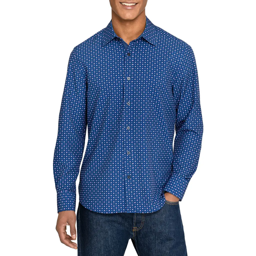Slim Fit Diamond Dot Performance Long Sleeve Shirt in Navy/purple at Nordstrom, Size