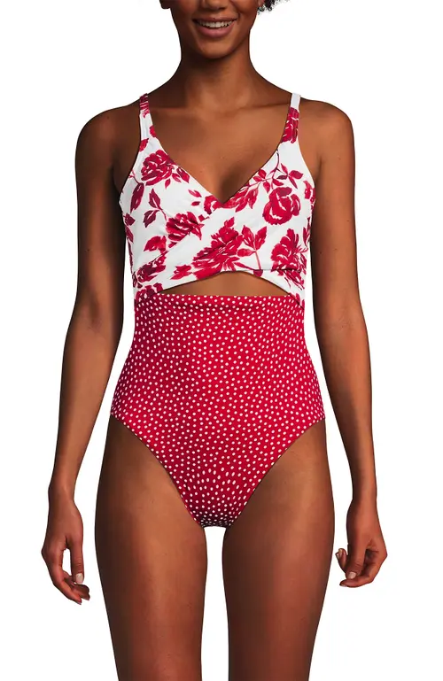 Wrap Monokini High Leg One Piece Swimsuit in Red Dot/red Graphic Floral at Nordstrom, Size