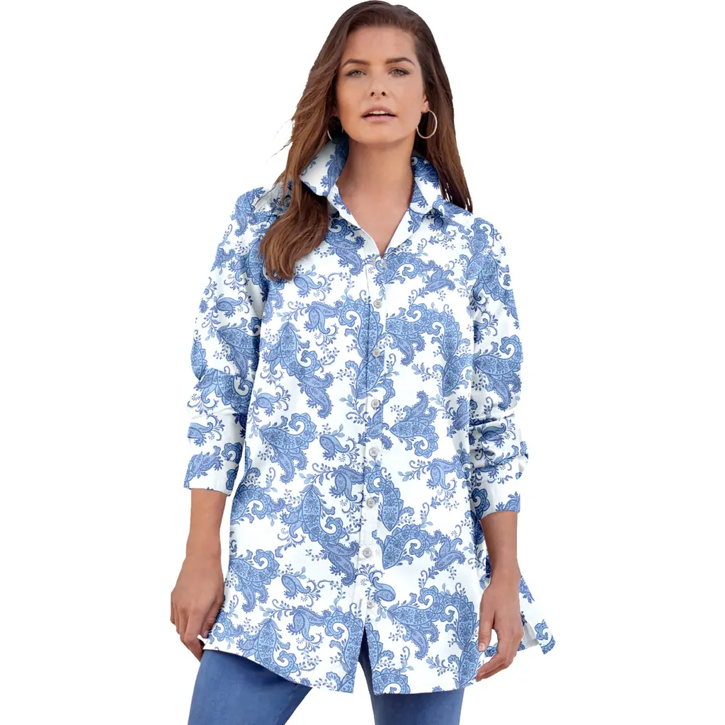 Kate Long-Sleeve Crisp Cotton-Blend Button-Front Tunic in Pale Blue Paisley at Nordstrom, Size