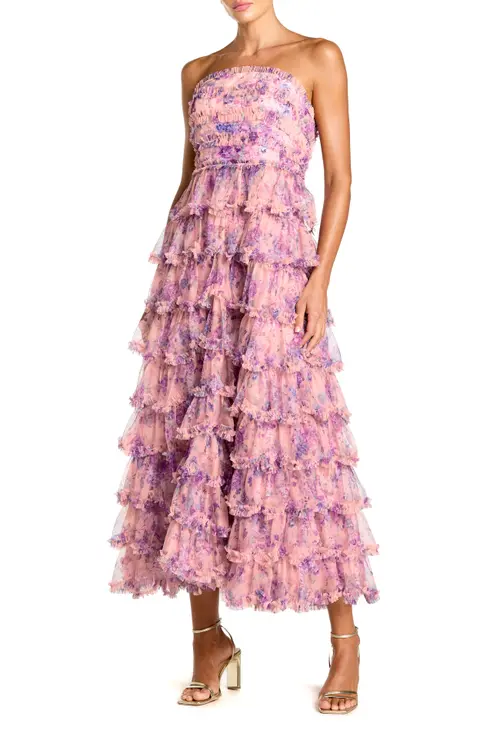 Printed Mesh Strapless Ruffle A Line Midi Dress in Orchid Multi at Nordstrom, Size