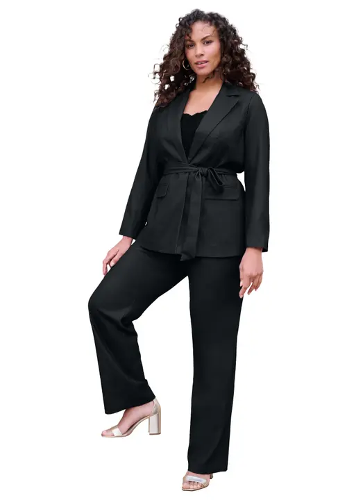 Plus Size Stretch Crepe Tie-Waist Jacket in Black at Nordstrom, Size
