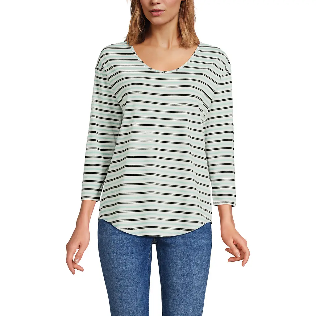 3/4 Sleeve Lightweight Jersey U-Neck Tunic in Pale Sky/estate Green Stripe at Nordstrom, Size