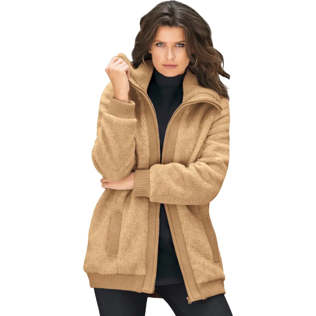 Plus Size High Collar Teddy Fleece Bomber in Soft Camel at Nordstrom, Size