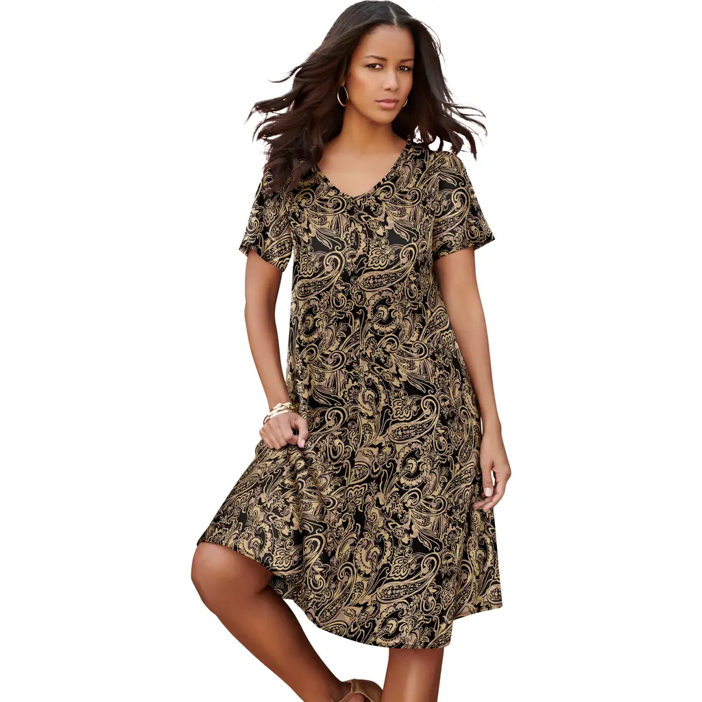 Petite Plus Size Short Sleeve Sleeve Swing Dress in Brown Sugar Paisley Print at Nordstrom, Size by Roaman's
