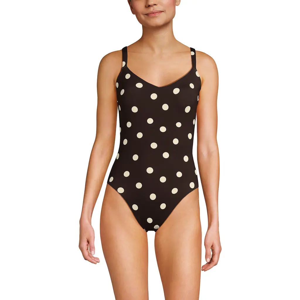 V-Neck High Leg Strappy Back One Piece in Rich Seal Brown Polka Dot at Nordstrom, Size