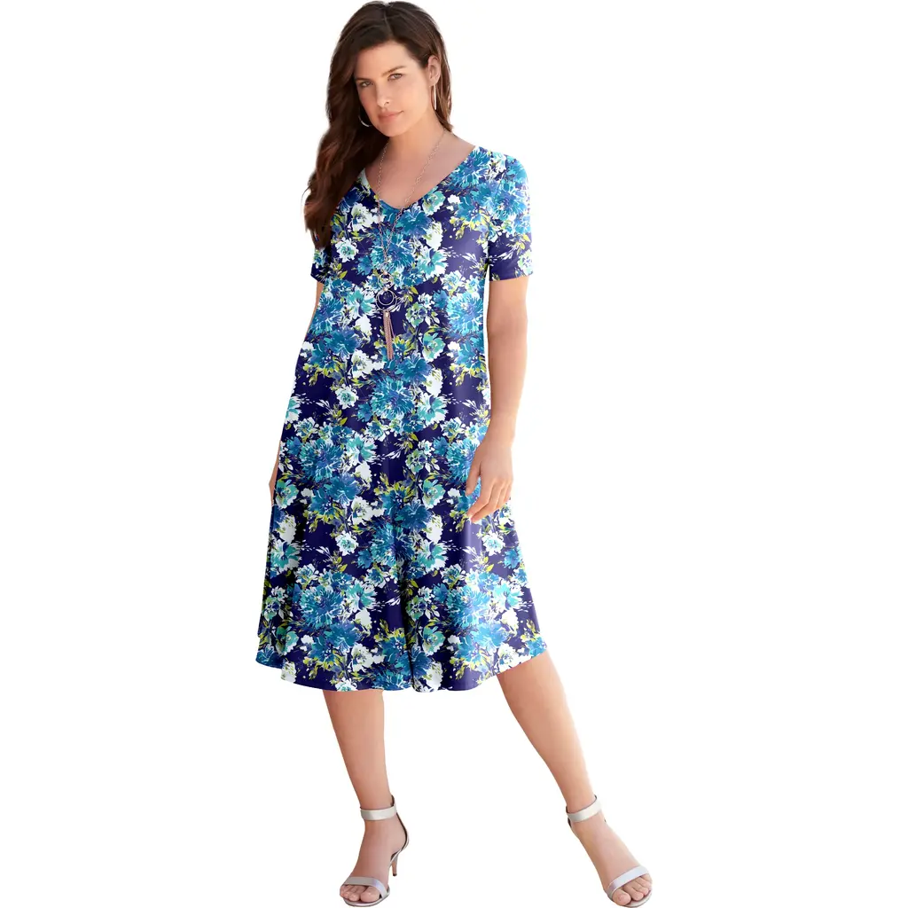 Petite Plus Size Short Sleeve Sleeve Swing Dress in Navy Watercolor Bouquet at Nordstrom, Size
