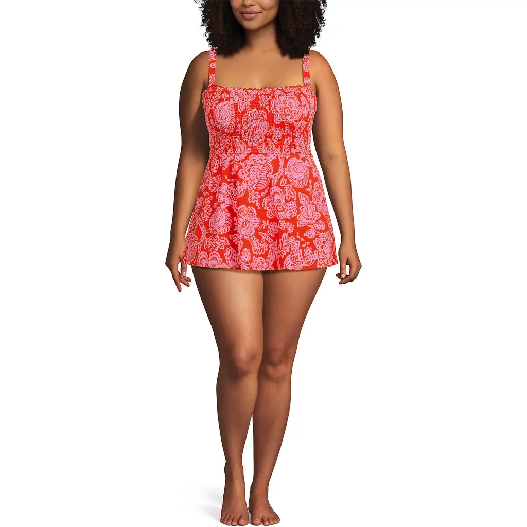 Womens Square Neck Smocked Mini Swim Dress in Radiant Orange Floral Medley at Nordstrom, Size by Lands' End