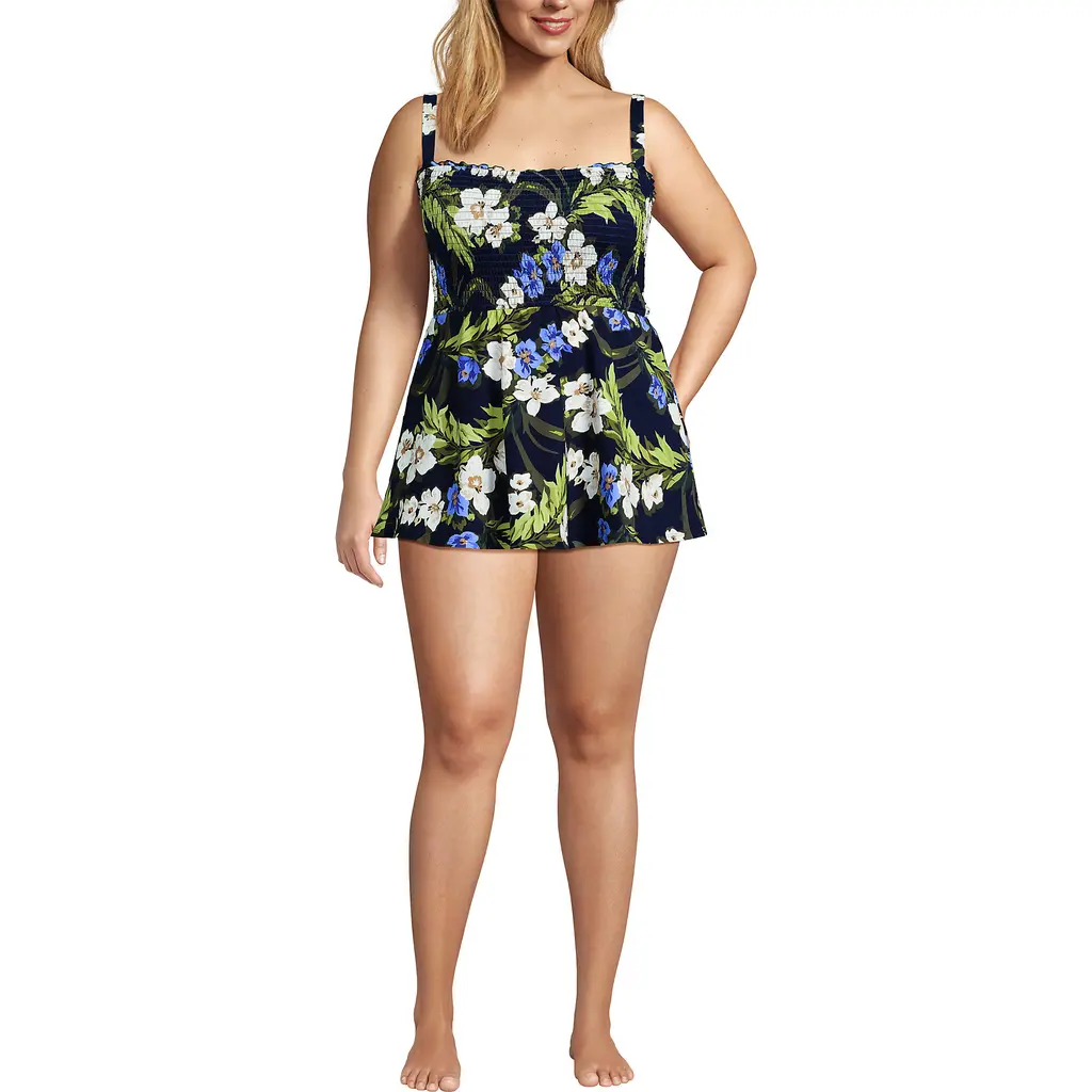 Womens Square Neck Smocked Mini Swim Dress in Deep Sea/blue Floral Tropic at Nordstrom, Size by Lands' End
