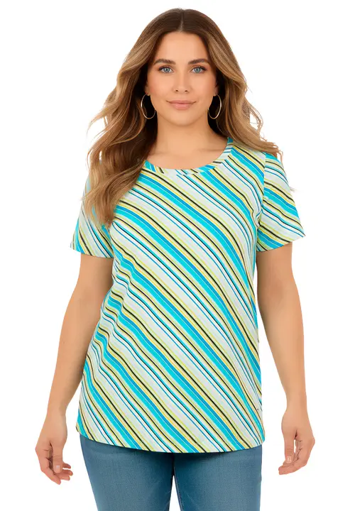 Plus Size Cotton Ultimate Crewneck Tee in Turq Diagonal Stripe at Nordstrom, Size