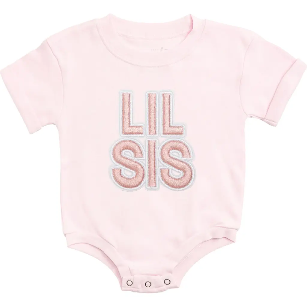 Lil Sis Embroidered Patch Short Sleeve Romper in Ballet Pink at Nordstrom, Size