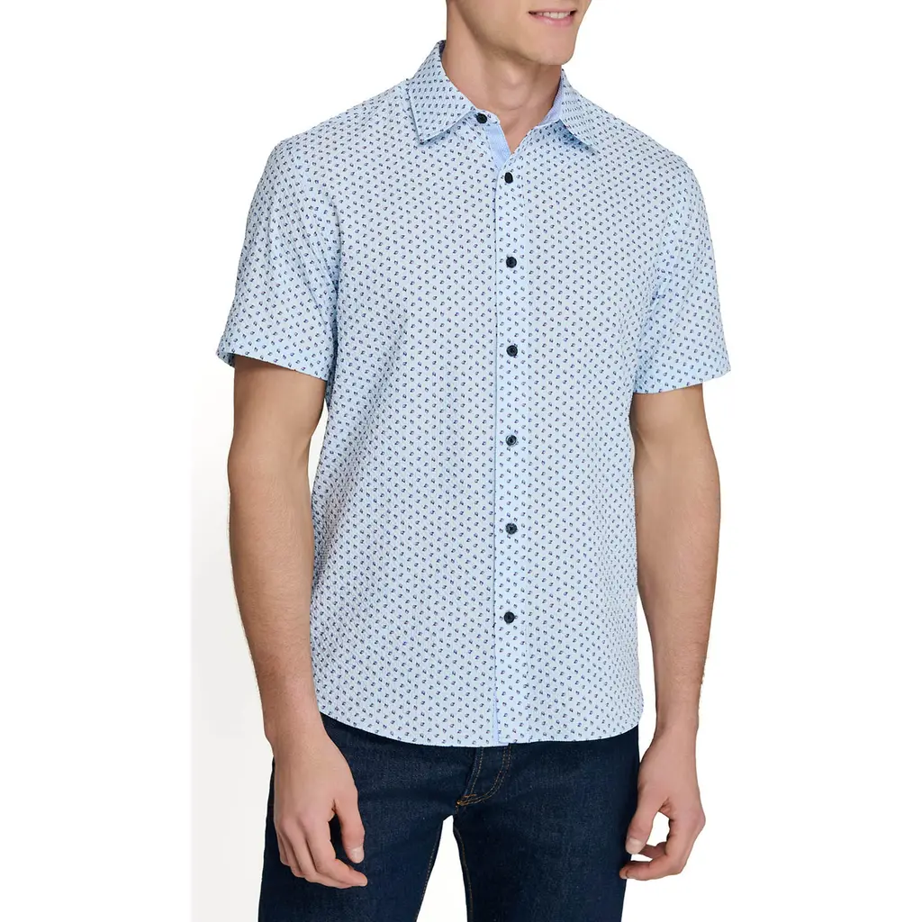 Slim Fit Falling Feathers Seersucker Short Sleeve Shirt in Navy/purple at Nordstrom, Size