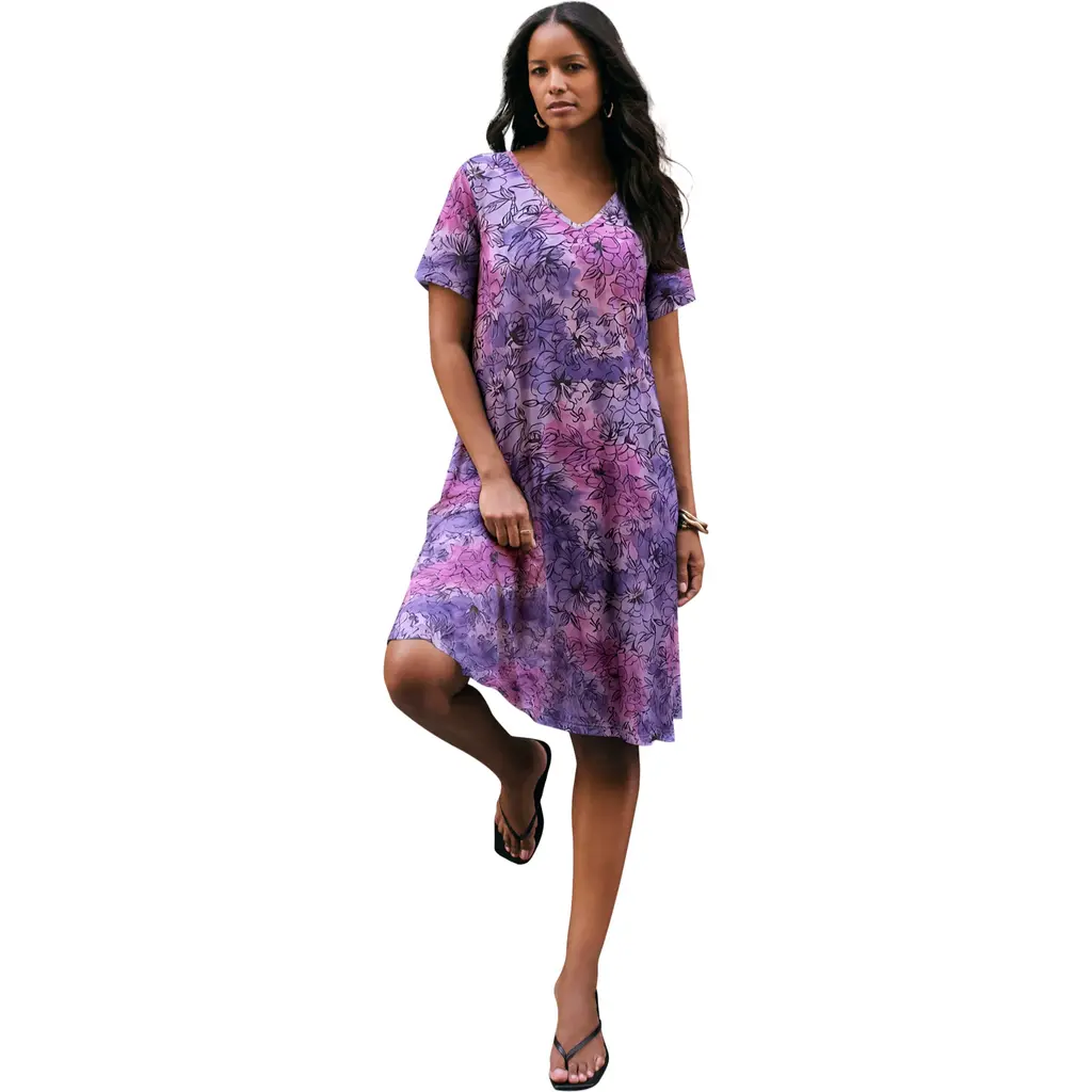 Petite Plus Size Short Sleeve Sleeve Swing Dress in Lavender Tie Dye Floral at Nordstrom, Size