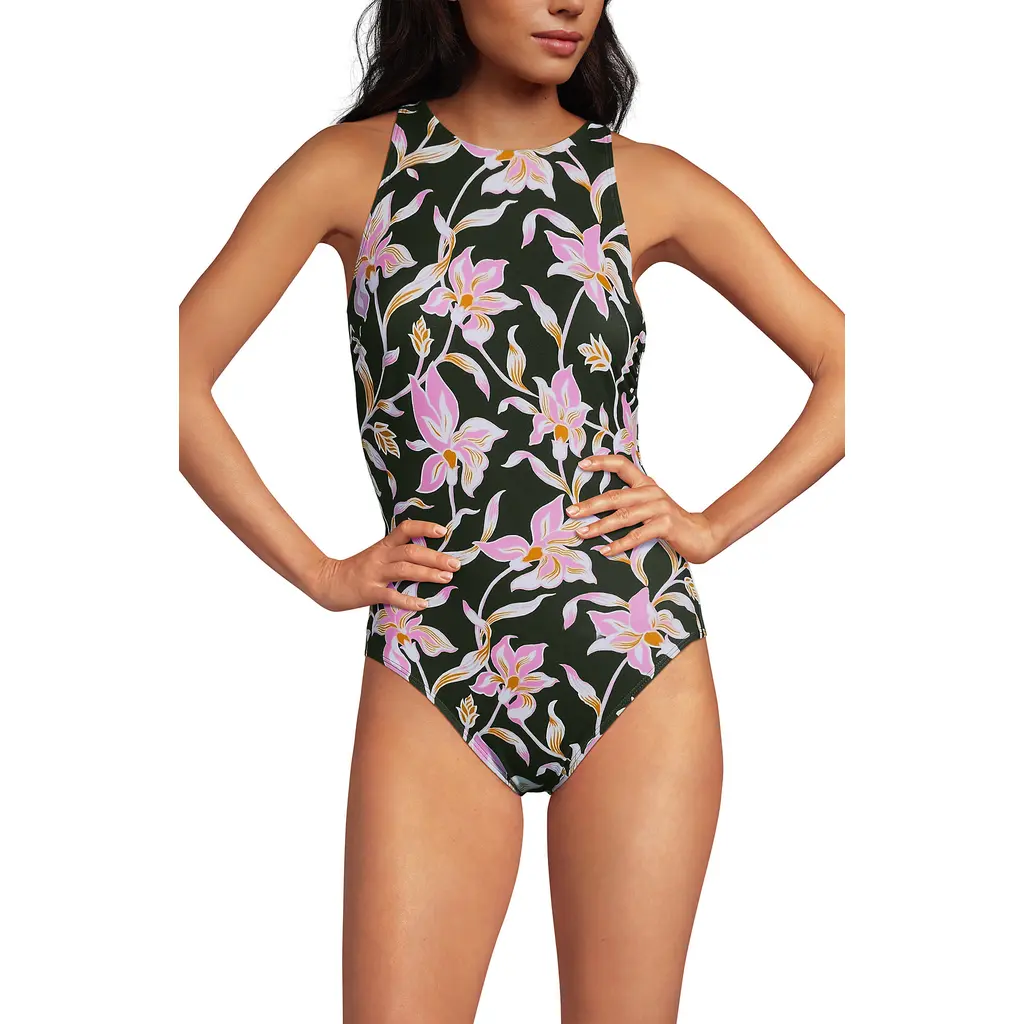 Tugless High Neck Portrait Back One Piece Swimsuit in Tropic Floral/rich Olive at Nordstrom, Size