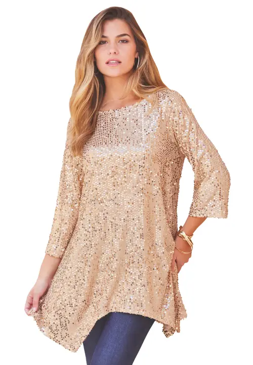 Handkerchief Hem Sequin Tunic in Sparkling Champagne at Nordstrom, Size by Roaman's