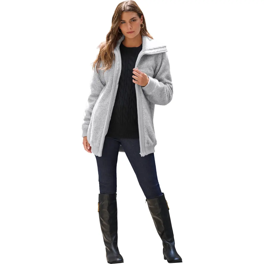 Plus Size High Collar Teddy Fleece Bomber in Heather Grey at Nordstrom, Size
