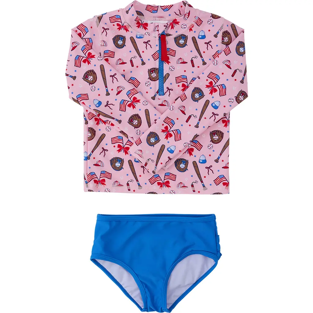 Toddler Girls UPF50+ Long Sleeve Zipper Rash Guard 2-Piece in Pink Stars & Strikes at Nordstrom, Size by RuffleButts