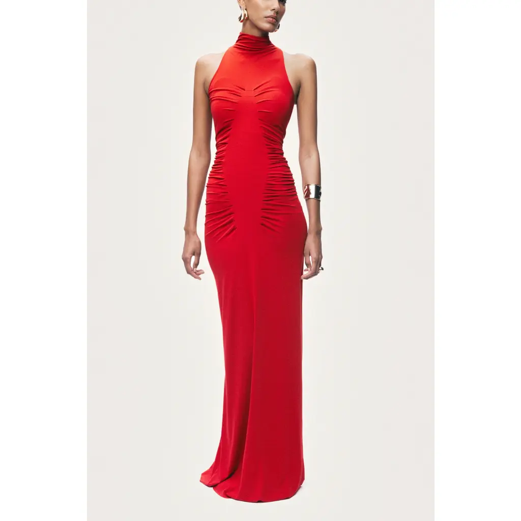 Sleeveless Ruched Maxi Dress in Red at Nordstrom, Size