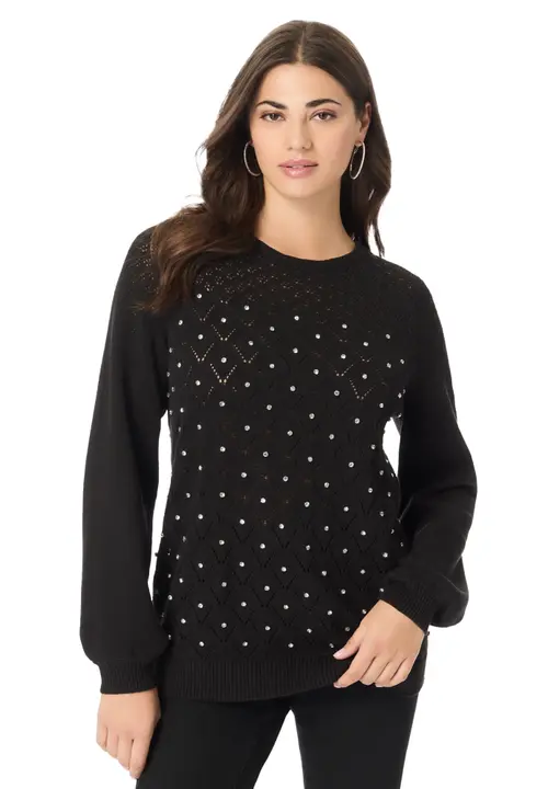 Rhinestone Pointelle Knit Sweater in Black at Nordstrom, Size by Roaman's