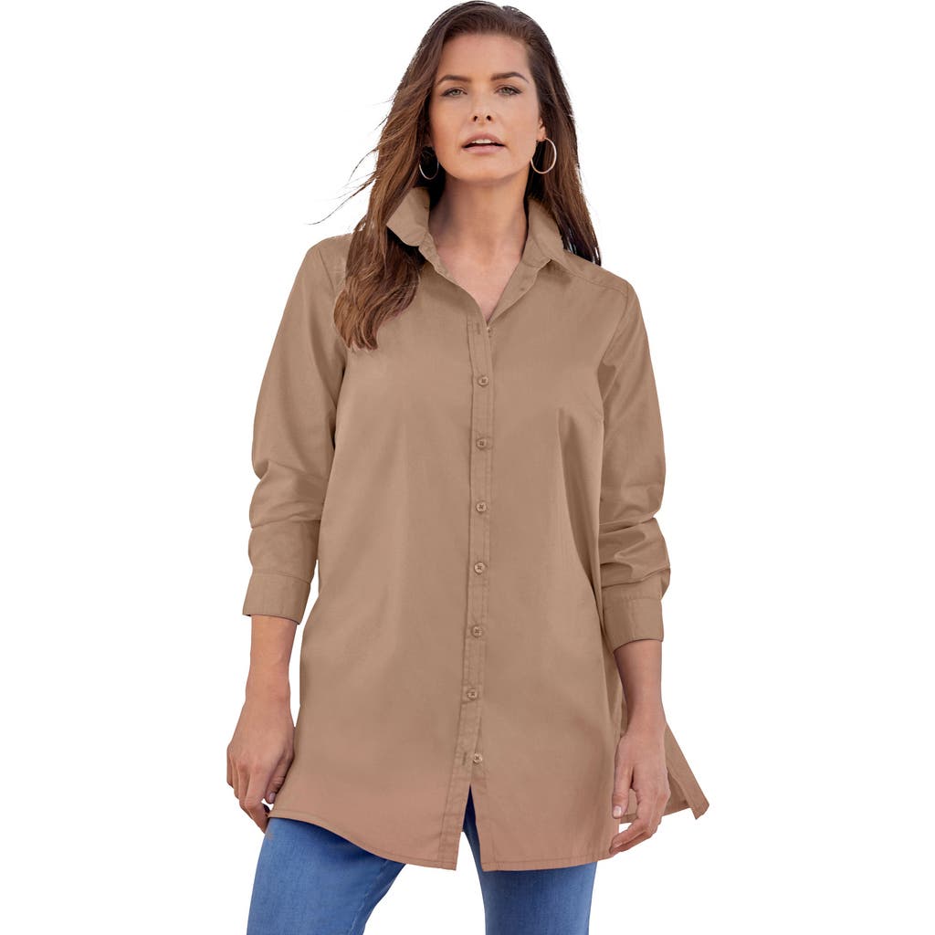 Kate Long-Sleeve Crisp Cotton-Blend Button-Front Tunic in Brown Sugar at Nordstrom, Size