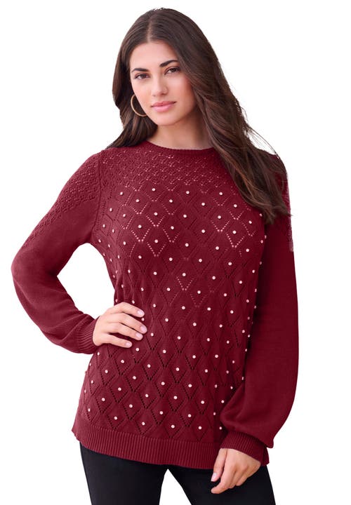 Rhinestone Pointelle Knit Sweater in Rich Burgundy at Nordstrom, Size by Roaman's