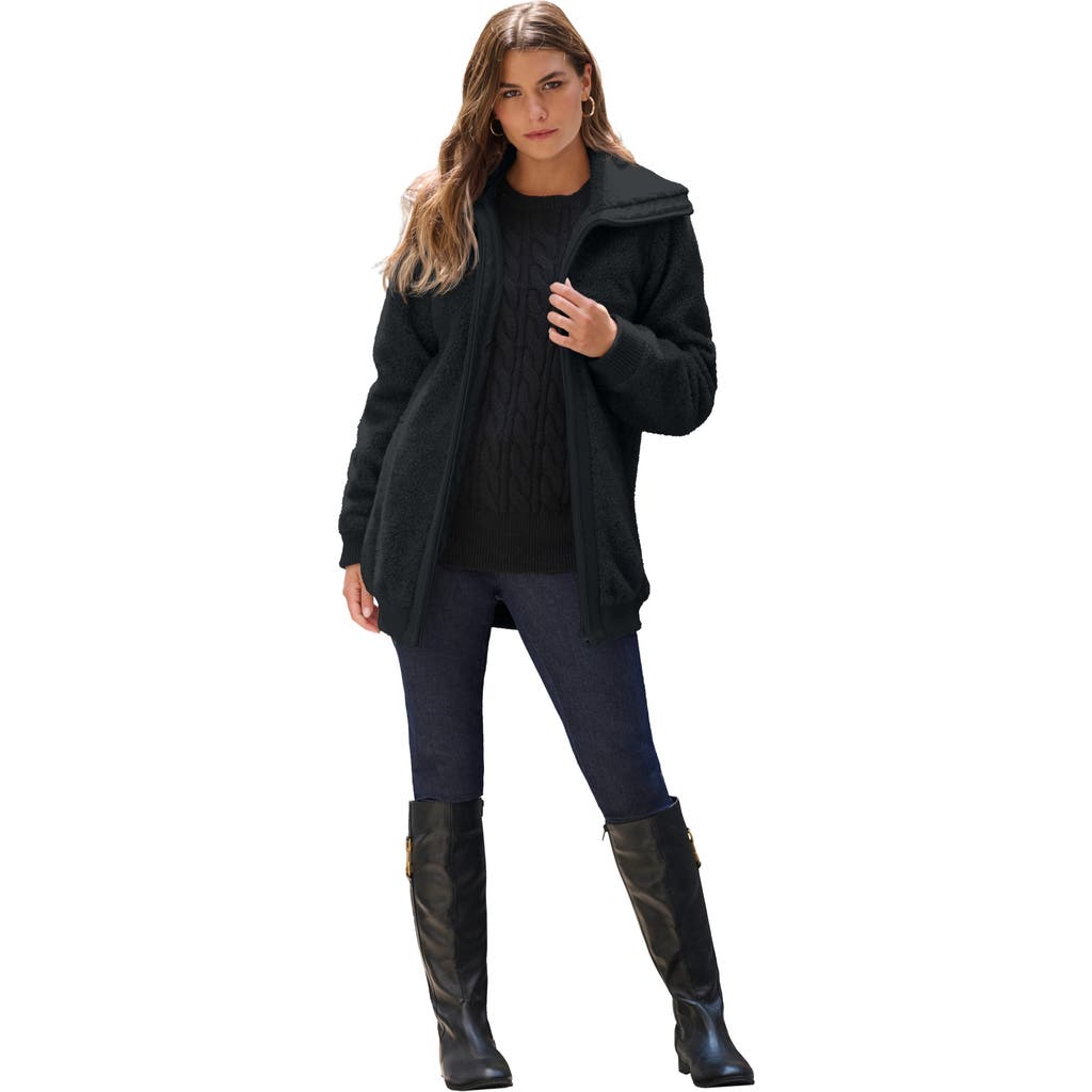 Plus Size High Collar Teddy Fleece Bomber in Black at Nordstrom, Size
