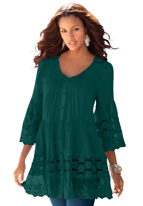 Lace Illusion Blouse in Emerald Green at Nordstrom, Size by Roaman's